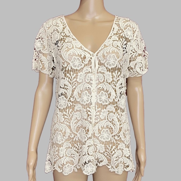 Say What? Tops - Questions by Say What? Crochet Short Sleeve Button V-Neck 1X